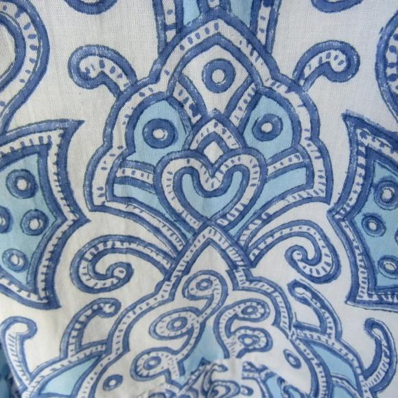 Azure Indigo Blue White Dress Small Blockprint Short Sleeves Tassel Sides Boho - Picture 9 of 11